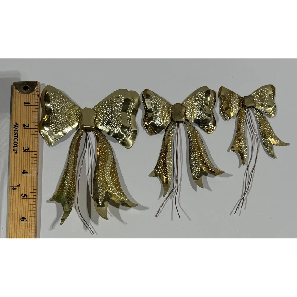 VTG Brass Metal Bows Set of 3 Textured Gold Tone Decorative Floral Accents MCM